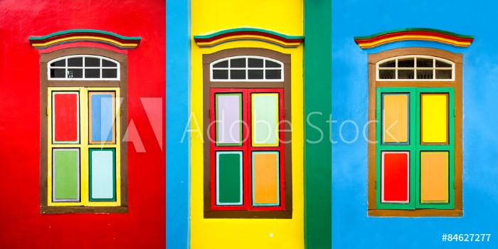 Bild på Collage of 3 colorful windows on the facade of a house in Little India Singapore